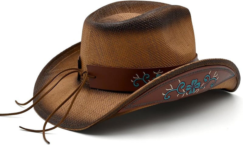 Foeran Men's Women's Straw Cowboy Hat Cowgirl Woven Sun Hat Western Cowboy Hat Two Decorative Bands - Image 3